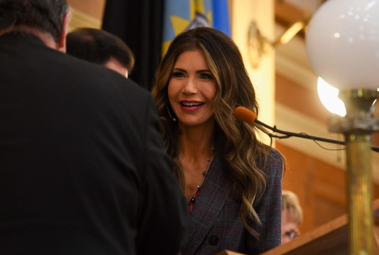 Gov. Kristi Noem walks up to the podium during the budget address on Tuesday, Dec. 5, 2023 at the South Dakota State Capitol in Pierre.