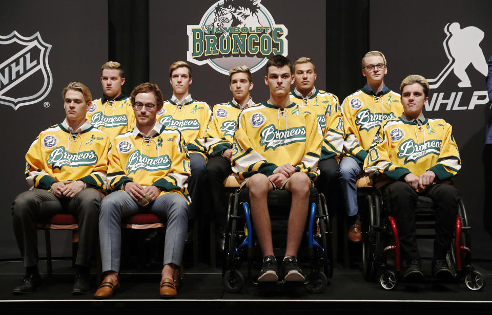 Survivors of the Humboldt Broncos bus crash in April gathered at the NHL awards on Wednesday night in Las Vegas, and helped receive the inaugural Willie O’Ree Community Hero Award on behalf of their fallen coach. (AP Photo/John Locher)