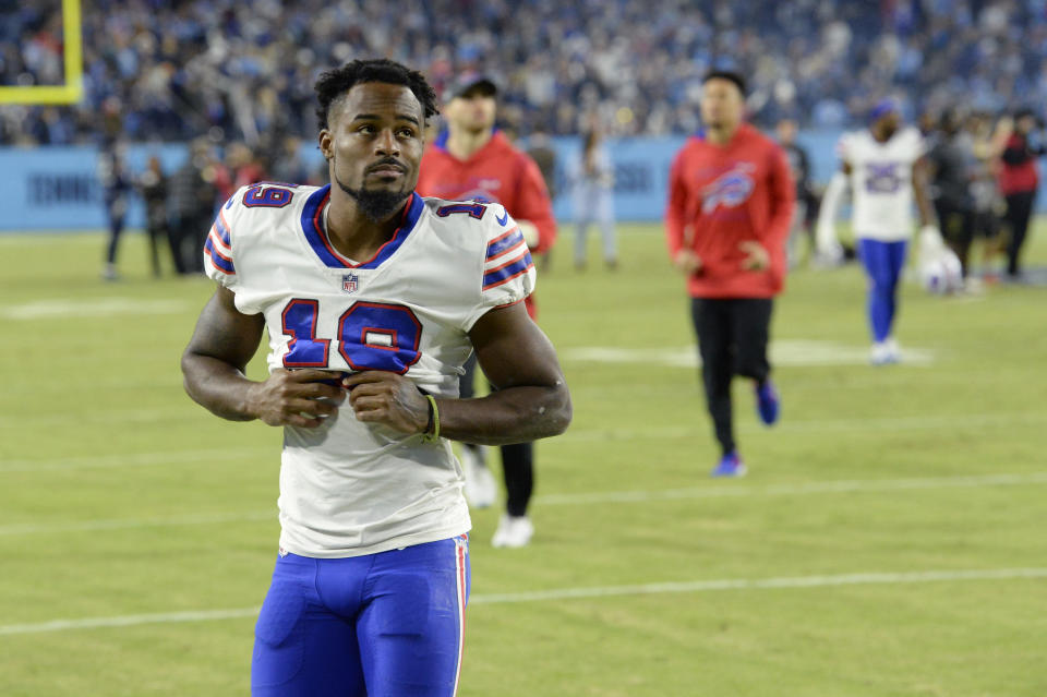 Buffalo Bills wide receiver Isaiah McKenzie leaves the field after an NFL football game against the Tennessee Titans Monday, Oct. 18, 2021, in Nashville, Tenn. The Titans won 34-31. (AP Photo/Mark Zaleski)