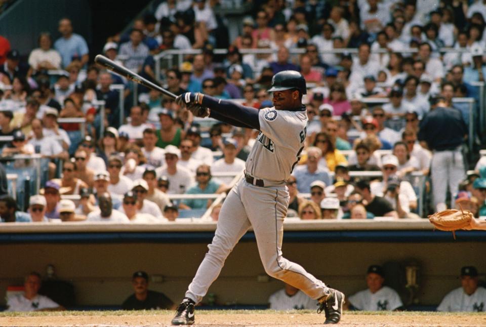 Seattle Mariners' Ken Griffey, Jr. hits a single off New York Yankees starting pitcher Jimmy Key in the fourth inning at Yankee Stadium in New York, Saturday, July 2, 1994.  (AP Photo/Osamu Honda)