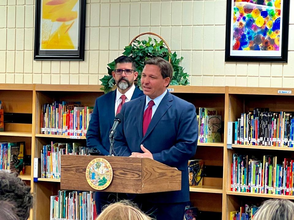 Gov. Ron DeSantis speaks at Toledo Blade Elementary on the its first day back after being closed due to Hurricane Ian Monday, Oct. 17, 2022.