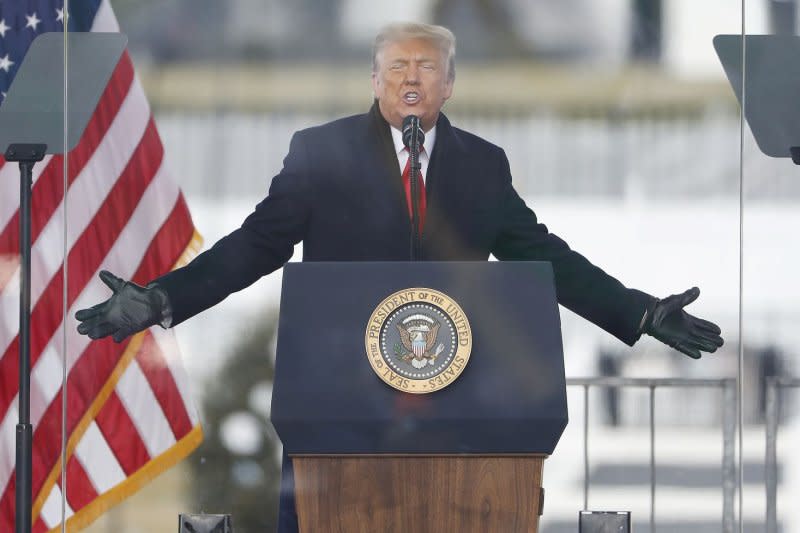 Former President Donald J. Trump delivers remarks to supporters in Washington, D.C., on Jan. 6, 2021, before the riots at the U.S. Capitol. On Tuesday, a federal judge dismissed part of a lawsuit, including a wrongful death claim against Trump, in the death of Capitol officer Brian Sicknick. Photo by Louis Lanzano/UPIFile pool photo by Shawn Thew/UPI