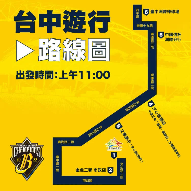 中信兄弟封王遊行路線圖。台中市政府提供