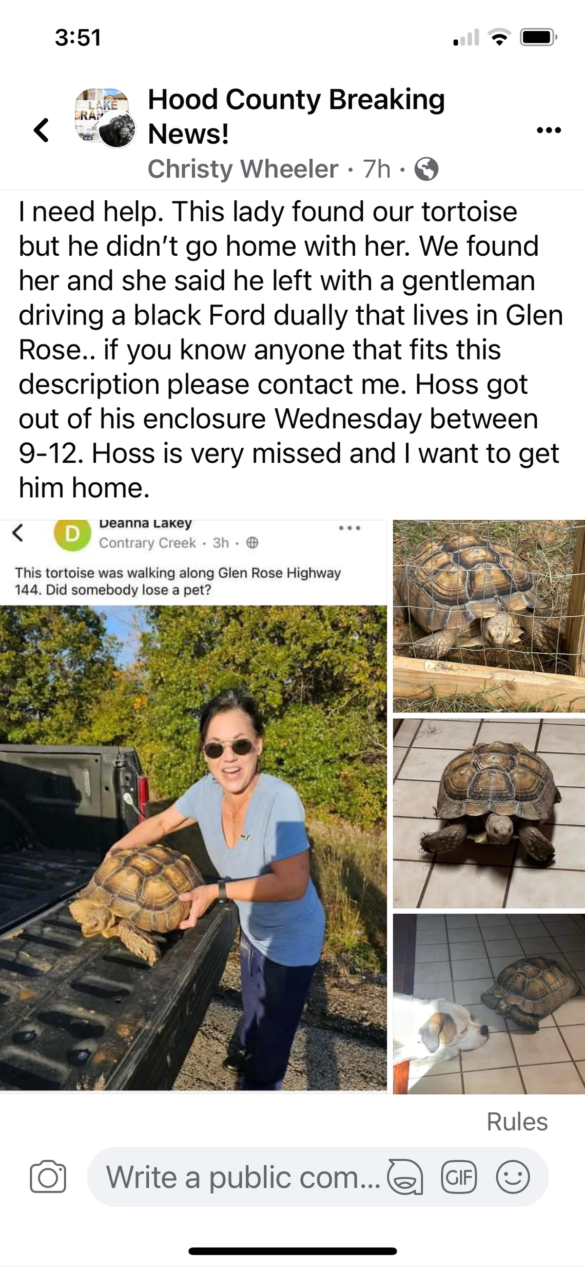 A Facebook post looking for Hoss’ owners.