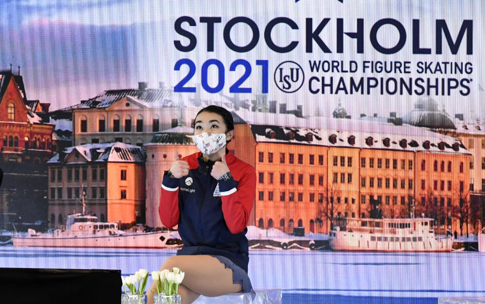 Karen Chen of the USA reacts after performing during the Ladies Short Program at the Figure Skating World Championships in Stockholm, Sweden, Wednesday, March 24, 2021. (AP Photo/Martin Meissner)