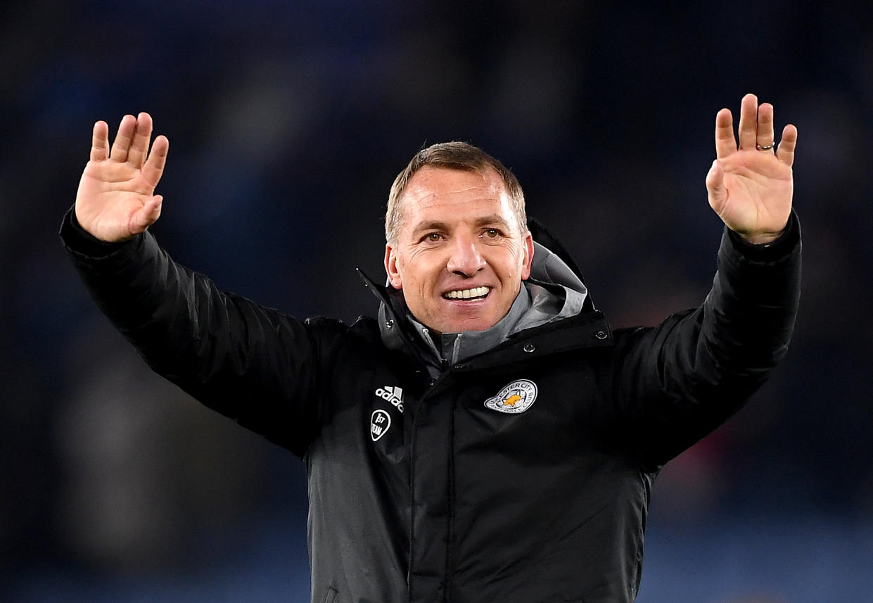 Brendan Rodgers celebrates after Leicester City's win over Everton FC. (Credit: Getty Images)