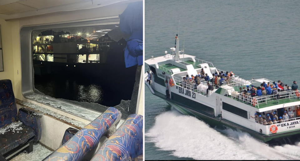 Eka Jaya ferry from Lombok to Bali, pictured right. Left is an image showing smashed-in windows on the same trip. 