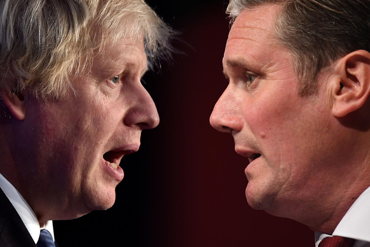 FILE PHOTO (EDITORS NOTE: COMPOSITE OF IMAGES - Image numbers 1064755202, 1170487933 - GRADIENT ADDED) In this composite image a comparison has been made between the Prime Minister Boris Johnson and the leader of the opposition and Labour Leader Keir Starmer.  ***LEFT IMAGE*** BELFAST, NORTHERN IRELAND - NOVEMBER 24: Conservative party MP Boris Johnson delivers his speech during the Democratic Unionist Party annual conference at the Crown Plaza Hotel on November 24, 2018 in Belfast, Northern Ireland. The DUP strongly oppose the propsed Brexit deal brokered between the UK government and the EU. The DUP currently props up the Conservative UK government following the last general election. (Photo by Charles McQuillan/Getty Images) ***RIGHT IMAGE*** BRIGHTON, ENGLAND - SEPTEMBER 23: Keir Starmer, Shadow Secretary of State addresses delegates on the third day of the Labour Party conference on September 23, 2019 in Brighton, England. Labour Conference will debate and vote on their Brexit position this afternoon pitting Jeremy Corbyn's neutral stance against the party membership's wish to Remain in the UK. Labour Conference returns to Brighton this year against a backdrop of Brexit Chaos. (Photo by Leon Neal/Getty Images)