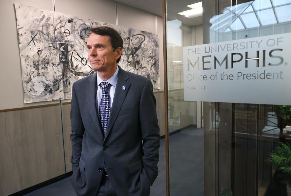 Newly appointed University of Memphis President Bill Hardgrave on the school's campus Monday, April 4, 2022. 