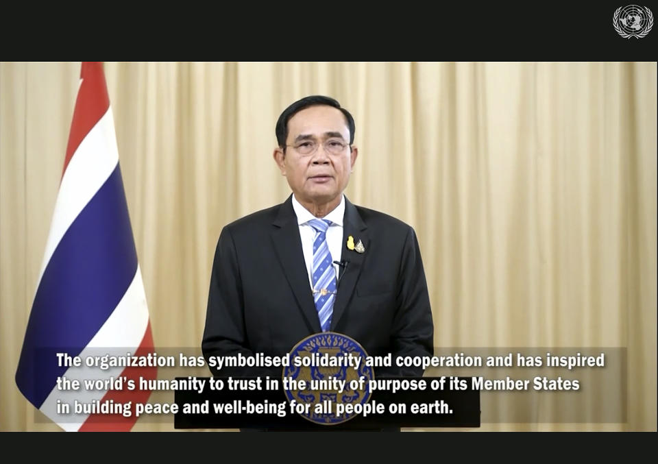 In this photo made from UNTV video, Gen. Prayut Chan-o-cha, Prime Minister of Thailand, speaks in a pre-recorded message which was played during the 75th session of the United Nations General Assembly, Wednesday, Sept. 23, 2020, at UN Headquarters. (UNTV Via AP )