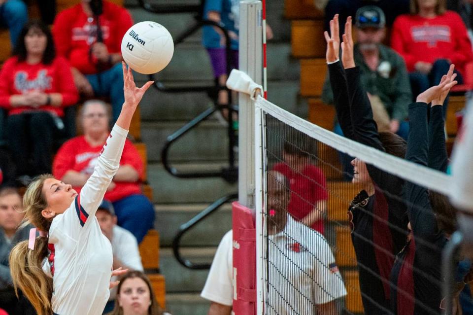 Hancock’s Lane Wedgeworth blocks the ball during the 6A South State Championship game at Hancock High School in Kiln on Monday, Oct. 16, 2023.