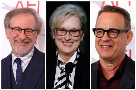 FILE PHOTO: A combination photo shows Director Steven Spielberg, Actress Meryl Streep and Actor Tom Hanks, in Los Angeles, California, U.S., January 5, 2018, June 8, 2017 and January 5, 2018, respectively. REUTERS/Mario Anzuoni/File Photo