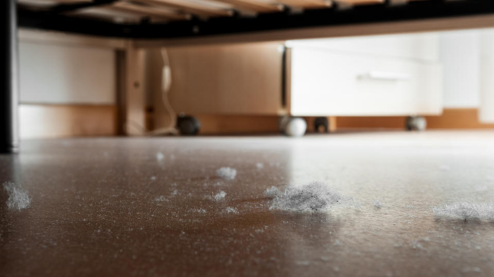 Detail of dust and dirt heap accumulated on a parquet floor under a bed.