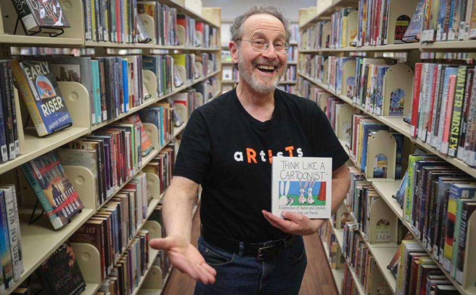 “Rubes” cartoonist Leigh Rubin, seen here at his hometown Nipomo Library on Dec. 12, 2023, has published a new book titled “Think Like a Cartoonist.”