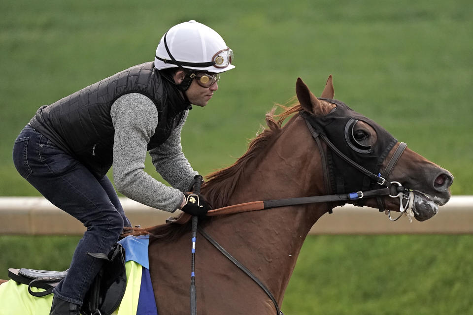 Kentucky Derby entrant Taiba works out at Churchill Downs Wednesday, May 4, 2022, in Louisville, Ky. The 148th running of the Kentucky Derby is scheduled for Saturday, May 7. (AP Photo/Charlie Riedel)