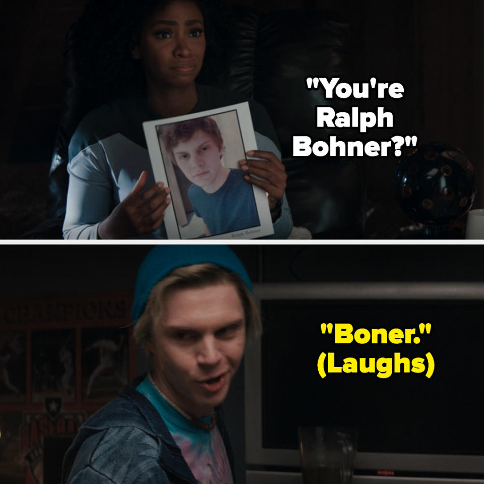 Wanda holds up a photo and asks "You're Ralph Bonner," and the fake Pietro giggles and says "boner"
