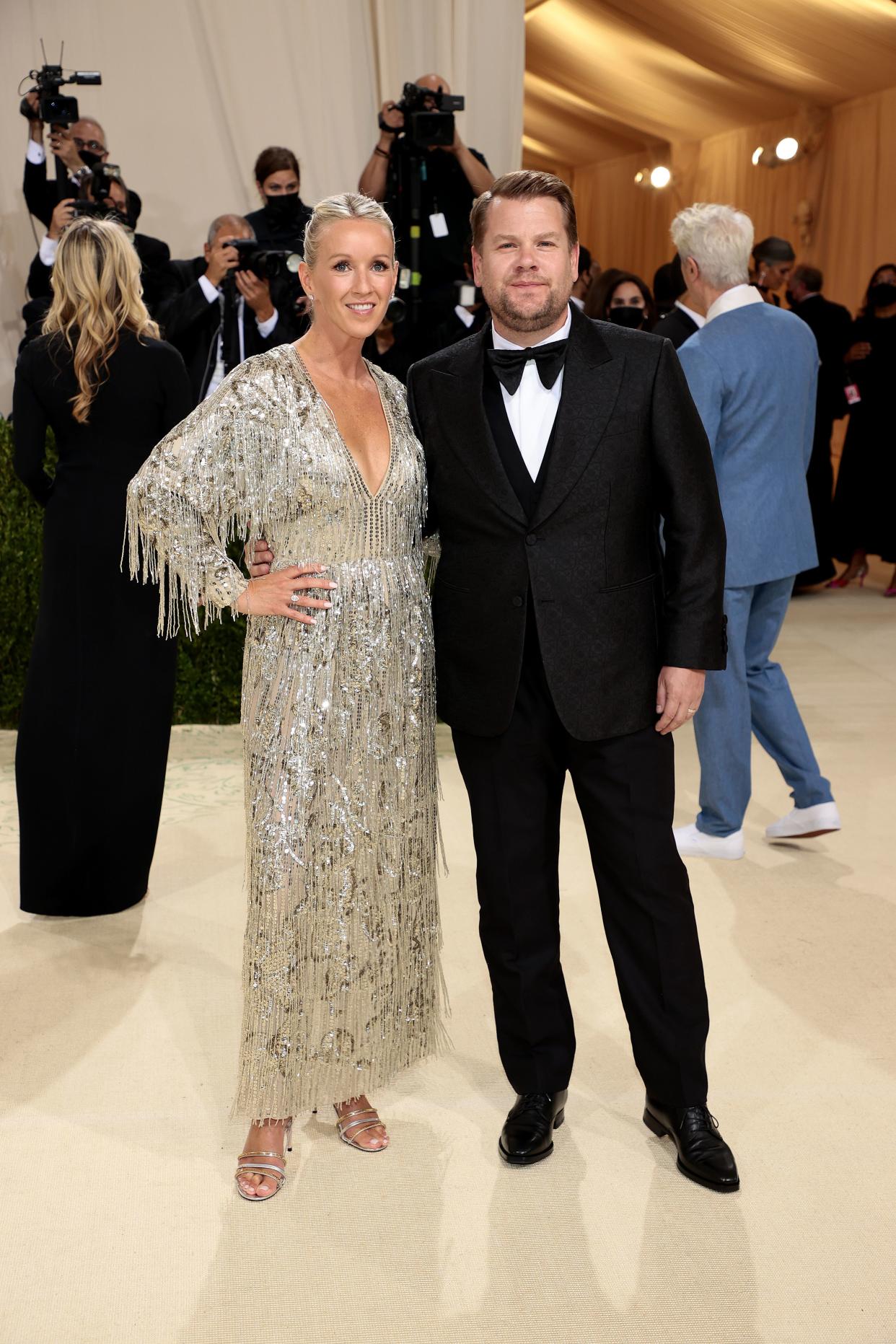 Julia Carey and James Corden attend The 2021 Met Gala Celebrating In America: A Lexicon Of Fashion at Metropolitan Museum of Art on Sept. 13, 2021 in New York.