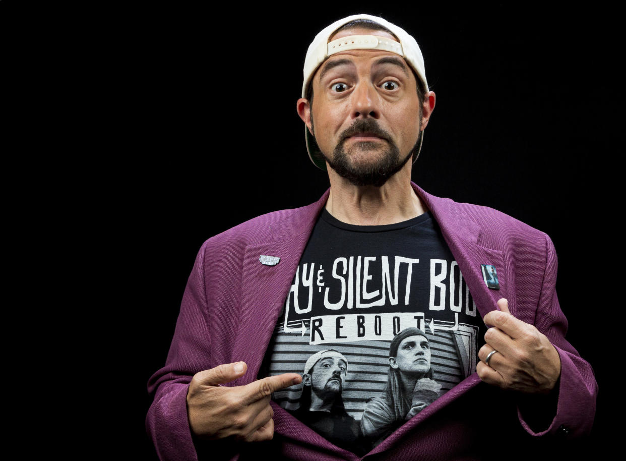 This Sept. 25, 2019 photo shows Kevin Smith posing during an interview in Los Angeles to promote the film "Jay and Silent Bob Reboot." (Photo by Willy Sanjuan/Invision/AP)