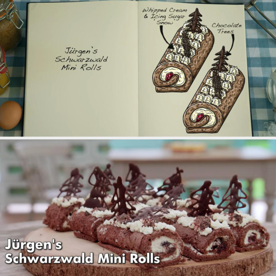 Jürgen's mini rolls decorated with chocolate trees side by side with their drawing