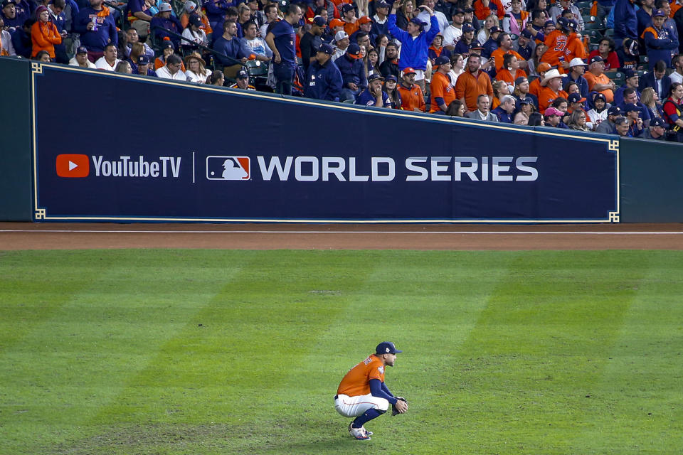 Houston Astros center fielder George Springer watches in the outfield during the ninth inning of Game 7 of the baseball World Series against the Washington Nationals Wednesday, Oct. 30, 2019, in Houston. (AP Photo/Eric Gay)