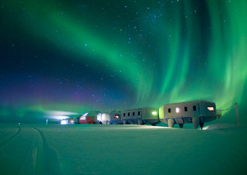 The southern lights are a common display over Antarctica during the continent’s winter. It would probably be really neat to see them from Halley IV, but for the past six years, the research station has been kept empty during winter out of caution, “because of the complex and unpredictable glaciological situation.” If the station were to float off into the sea, a rescue would be much more challenging in the 24-hour dark and brutal weather than in the summer months.