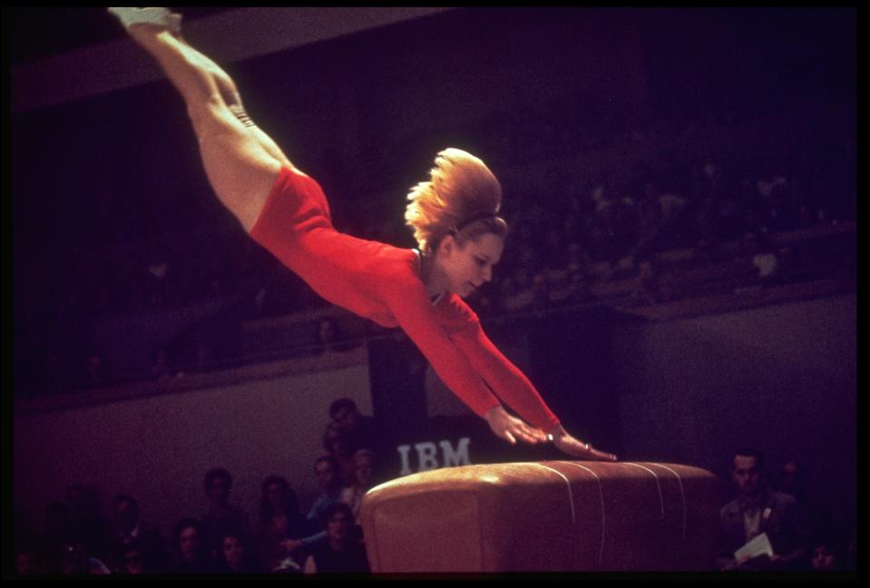 <b>1968 Mexico City Olympics </b><br> 25 OCT 1968: VERA CASLAVSKA OF CZECHOSLOVAKIA IN ACTION DURING THE SIDE HORSE VAULT COMPETITION AT THE 1968 SUMMER OLYMPICS HELD IN MEXICO CITY. CASLAVSKA WON THE VAULT EVENT WITH A SCORE OF 19.775 POINTS.