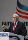 Former vice president Mike Pence speaks during the Road to Majority convention at Gaylord Palms Resort & Convention Center in Kissimmee, Fla., on Friday, June 18, 2021. (Stephen M. Dowell /Orlando Sentinel via AP)