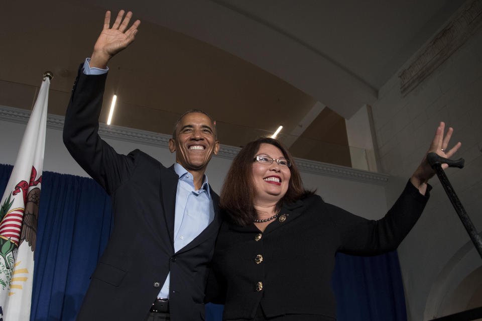 President Barack Obama waves to the crowd with Rep. Tammy Duckworth, D-Ill., during an event in Chicago on Oct. 9, 2016. (Photo: jim WatsonAFP/Getty Images)