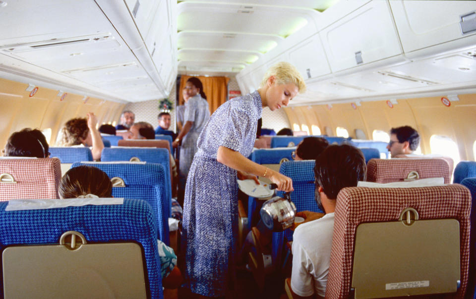 Stewardesses on a flight from Madrid to Barcelona in&nbsp;1986.