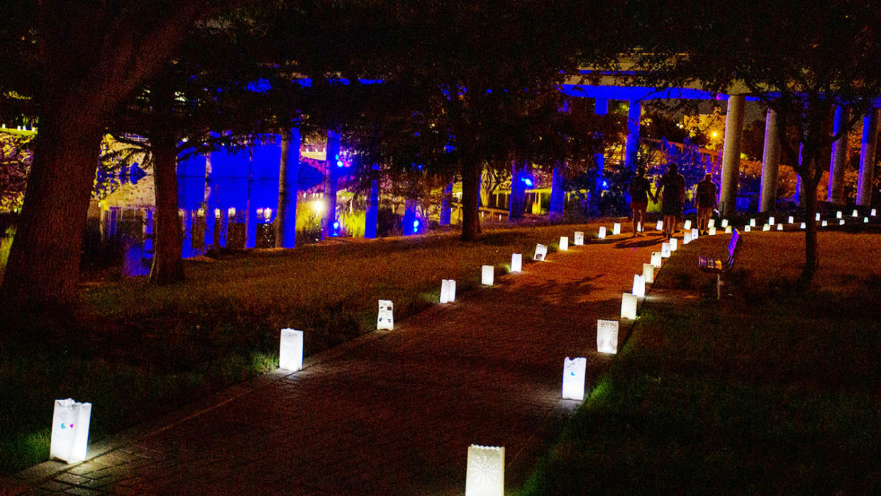 An evening view of a pathway lined with illuminated bags at the annual Shine a Light event hosted by Zero Suicide Services.