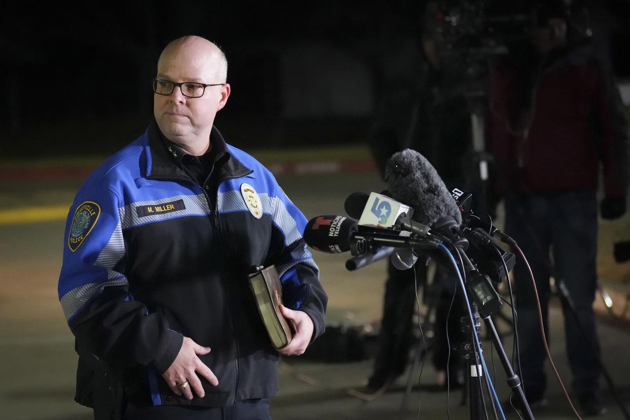 Colleyville police Chief Michael Miller addresses reporters in a nearby parking lot after the conclusion of a SWAT operation at Congregation Beth Israel synagogue on Saturday, Jan. 15, 2022, in Colleyville, Texas. All four people taken hostage inside the synagogue during a morning service were safe Saturday night after an hours-long standoff, authorities said.