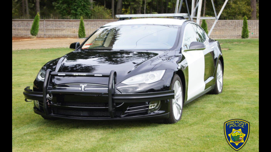 A Tesla Model S patrol car introduced in a pilot program for the Fremont Police Department. (Fremont PD)