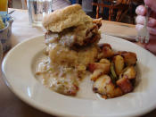 <b>South Carolina: The Big Nasty</b> The Hominy Grill serves up this biscuit sandwich wtih fried chicken breast, cheddar and sausage gravy.<br> <br> (Image courtesy <a href="http://www.flickr.com/photos/amandasusan/2484383449/" rel="nofollow noopener" target="_blank" data-ylk="slk:Amandasusan/Flickr;elm:context_link;itc:0;sec:content-canvas" class="link ">Amandasusan/Flickr</a>)