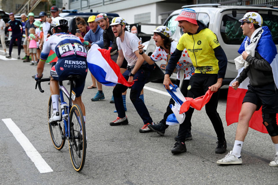 CAUTERETSCAMBASQUE FRANCE  JULY 06 Julian Alaphilippe of France and Team Soudal  Quick Step competes in the chase group while fans cheer during the stage six of the 110th Tour de France 2023 a 1449km stage from Tarbes to CauteretsCambasque 1355m  UCIWT  on July 06 2023 in  CauteretsCambasque France Photo by Tim de WaeleGetty Images