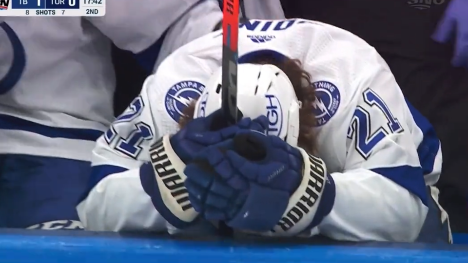 Lightning star Brayden Point was visibly devastated as he sat on the Tampa bench unable to return to Game 7 on Toronto on Saturday night. (Photo via Twitter/Sportsnet)