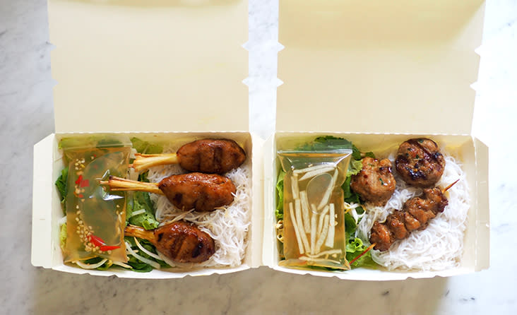 The Hanoi-style 'bun cha' and 'nem lui' with noodles and vegetables make a pretty substantial meal for light eaters