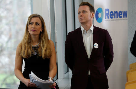 Sandra Khadhouri, together with fellow Renew party member James Clarke, speaks at the launch of the new political party in London, Britain, February 19, 2018. REUTERS/Peter Nicholls