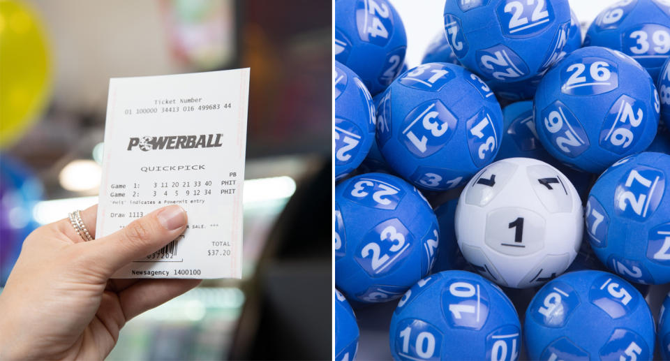 A Powerball ticket and lucky numbers can be seen ahead of jackpot draw tonight. 