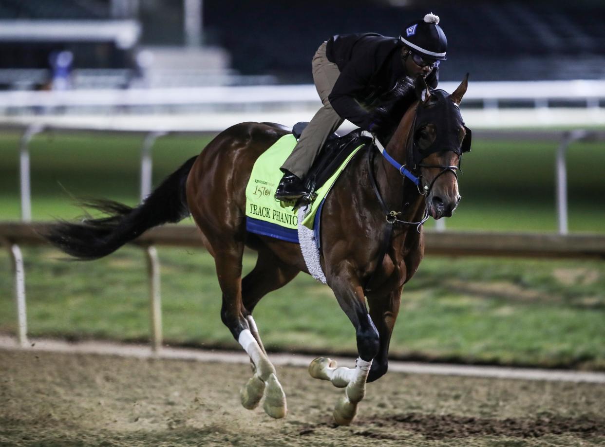 Kentucky Derby horse Track Phantom works out on April 25, 2024 at Churchill Downs in Louisville, Ky.