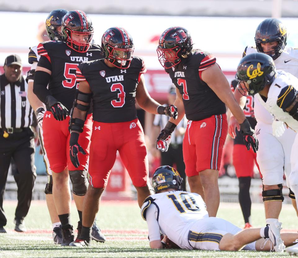 Utah Utes defense sack California Golden Bears quarterback Ben Finley (10) in Salt Lake City on Saturday, Oct. 14, 2023. Utah won 34-14. | Jeffrey D. Allred, Deseret News