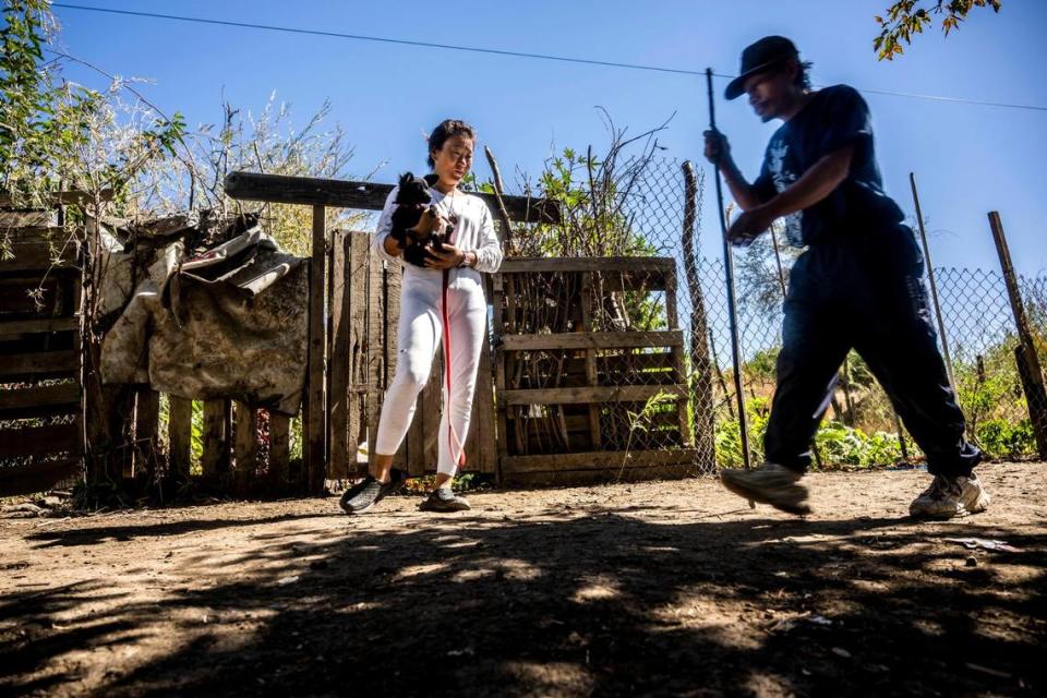 Va Yang, who has been homeless since 2014, stands outside the camp she lives in along Morrison Creek on Thursday. The homeless community of Hmong has to move because of flooding issues in the area and the city is trying to find a place they can stay together.