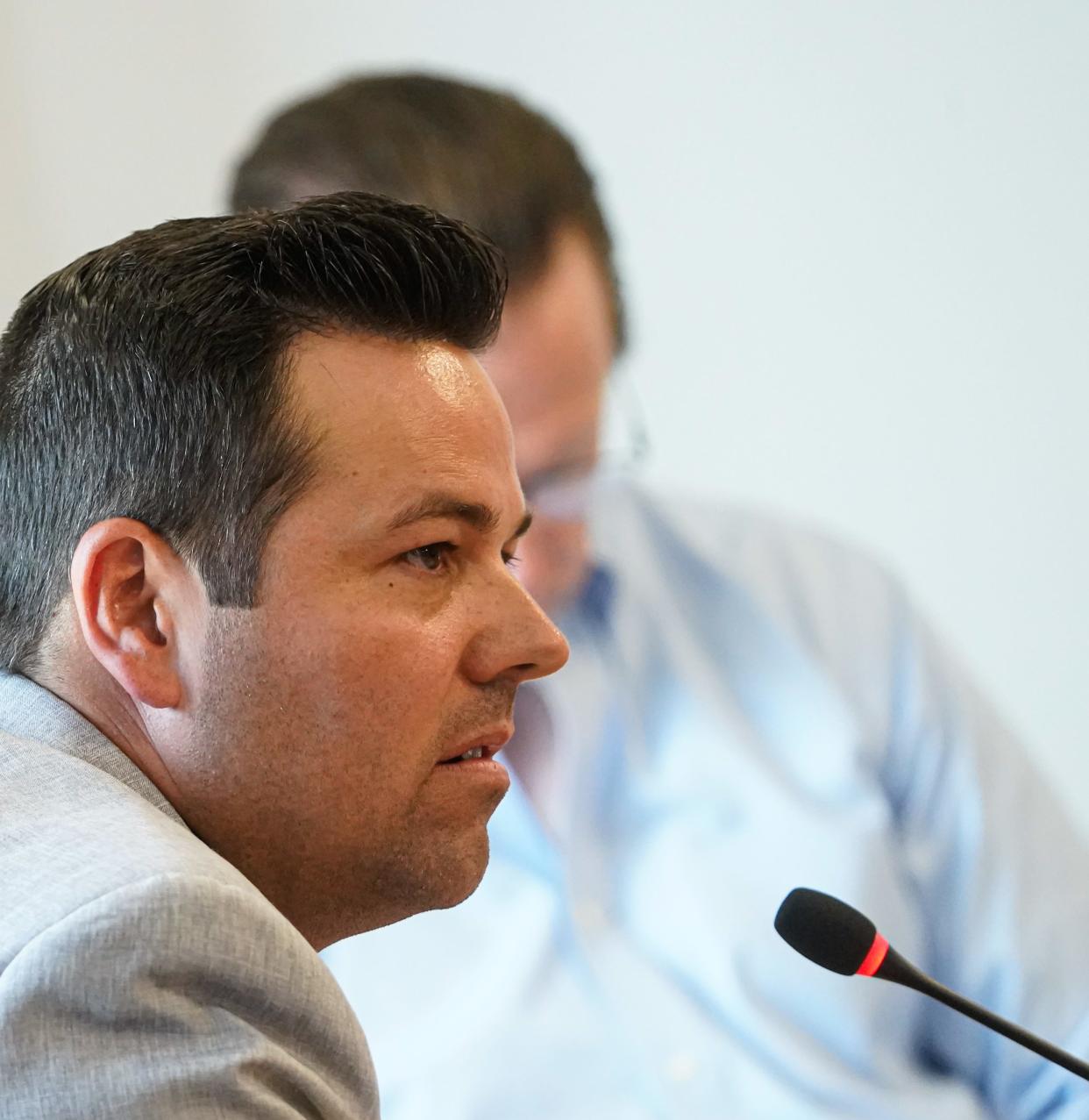 Hamilton East Public Library Board Member Micah Beckwith listens to public comments during a HEPL board meeting on Thursday, Aug. 24, 2023, in Noblesville, Ind.