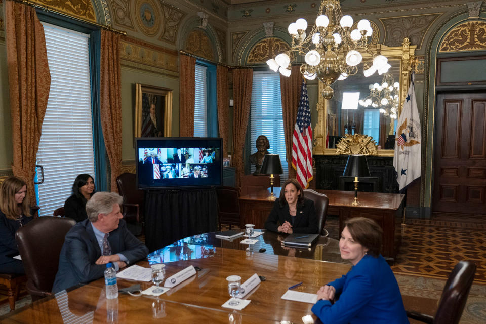 Vice President Kamala Harris meets with bipartisan members of Congress about high-speed internet. 