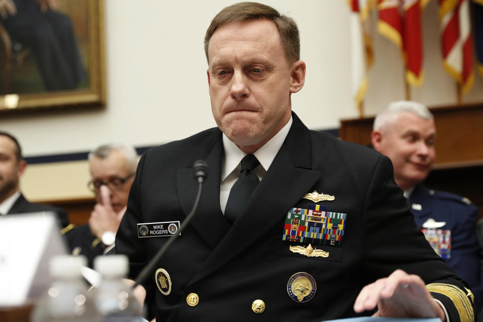 National Security Agency Director Adm. Michael S. Rogers pauses while testifying on Capitol Hill in Washington, Tuesday, May 23, 2017, before the House Armed Services Emerging Threats and Capabilities subcommittee hearing: 'Fiscal Year 2018 Budget Request for U.S. Cyber Command: Cyber Mission Force Support to Department of Defense Operations.'  (AP Photo/Pablo Martinez Monsivais)