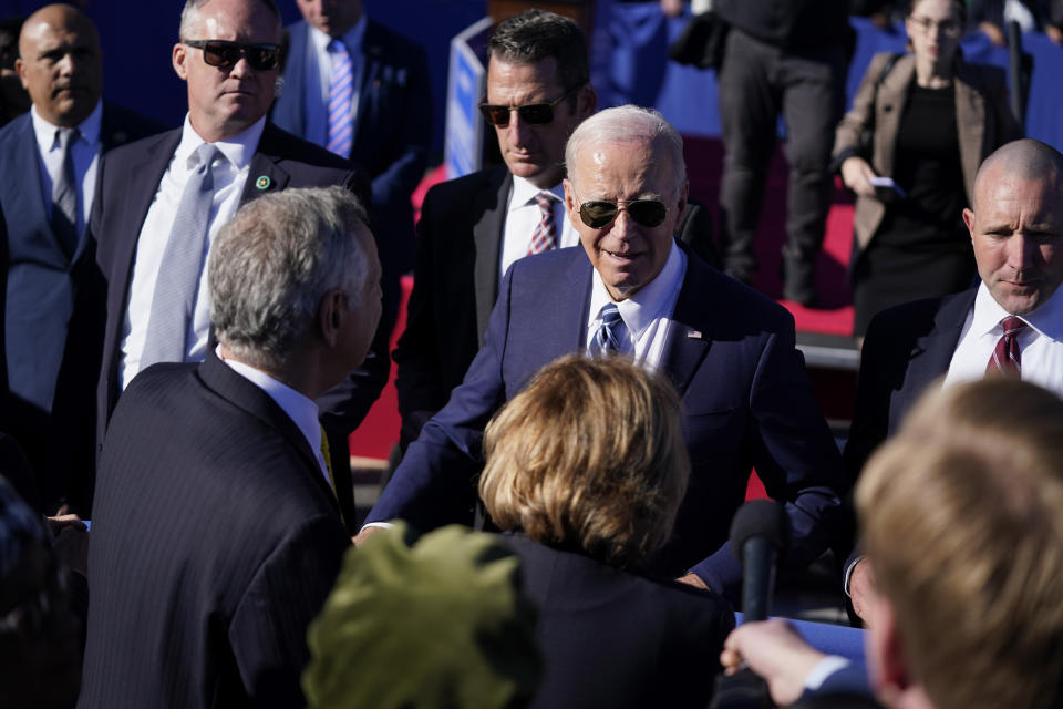 President Joe Biden greets people after speaking at Tioga Marine Terminal, Friday, Oct. 13, 2023, in Philadelphia. (AP Photo/Evan Vucci)