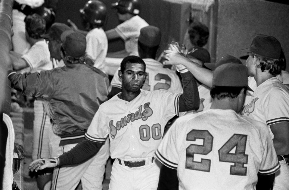 Nashville Sounds veteran infielder Skeeter Barnes (00) celebrates a big inning with teammates in the dugout during their 10-0 victory over Scranton/Wilkes-Barre at Greer Stadium May 23, 1989.