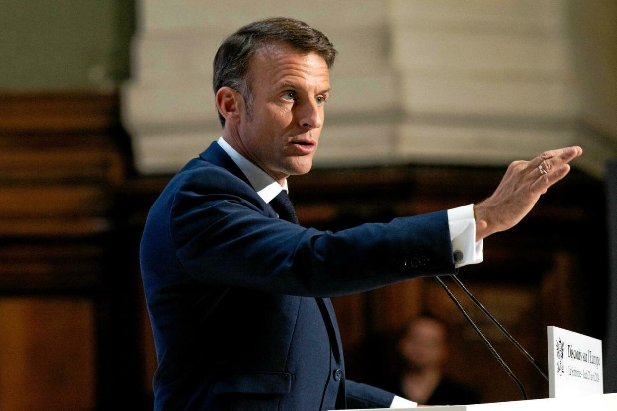 Emmanuel Macron de dit prêt à « ouvrir le débat » d’une défense européenne comprenant l’arme nucléaire.  - Credit:JEANNE ACCORSINI/SIPA / SIPA / JEANNE ACCORSINI/SIPA