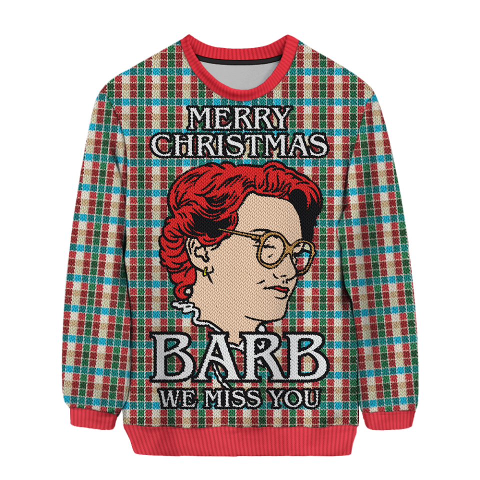 <p><strong>Barb We Miss You Sweater:</strong> RIP Barb. Nothing like commemorating your favorite dead TV character with a holiday sweater!</p> <p><a rel="nofollow noopener" href="https://www.holidayfury.com/collections/meme-sweaters/products/barb-we-miss-you-unisex?mbid=synd_yahoostyle&variant=27755348616" target="_blank" data-ylk="slk:Holidayfury.com;elm:context_link;itc:0;sec:content-canvas" class="link ">Holidayfury.com</a>, $50</p>