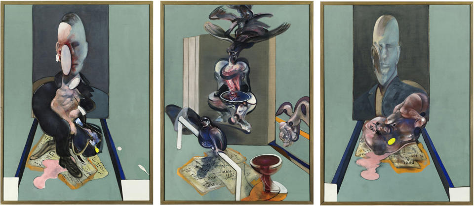 WLDFILE - This undated file photo provided by Sotheby's shows the three panels of Francis Bacon's "Triptych, 1976." The painting, which sold in May 2008 for $86,281,000 is one of eight works that have sold for $80 million or more at auction. When Edvard Munch’s "The Scream," is auctioned at Sotheby's in New York Wednesday May 2, 2012, it could sell for $80 million or more. (AP Photo/Sotheby's, File)