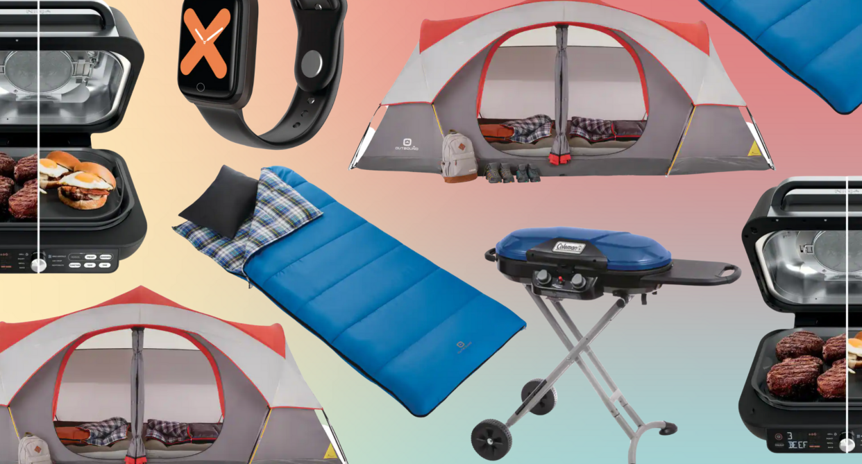 collage of tent, blue sleeping bag, portable bbq, grill, father's day sale Canadian tire